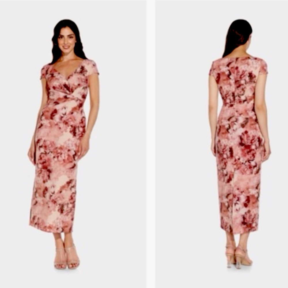 Adrianna Papell Size 10 Floral Metallic Tea Length Cap Sleeve Column Gown